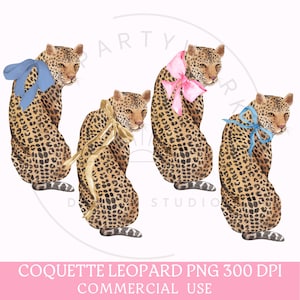 Puede incluir: Cuatro ilustraciones de acuarela de leopardos con lazos. Los leopardos est&aacute;n de espaldas al espectador. Los lazos son azules, rosas y dorados.