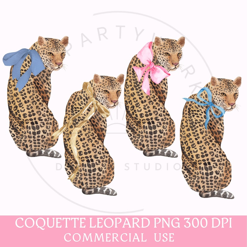 Puede incluir: Cuatro ilustraciones de acuarela de leopardos con lazos. Los leopardos est&aacute;n de espaldas al espectador. Los lazos son azules, rosas y dorados.