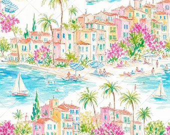 French Riviera Seamless Pattern JPG, Preppy Coastal Watercolor Village Print, Mediterranean Beach Fabric Design, Summer Digital Download
