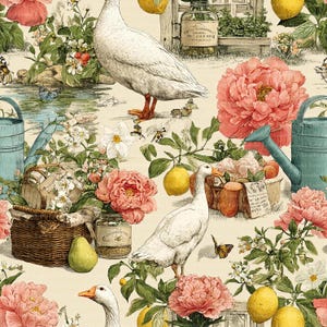May include: A whimsical illustration featuring white geese, pink peonies, lemons, and a garden scene. The image includes a basket, watering cans, and a jar, creating a vintage, botanical theme. Butterflies and bees add to the idyllic setting.