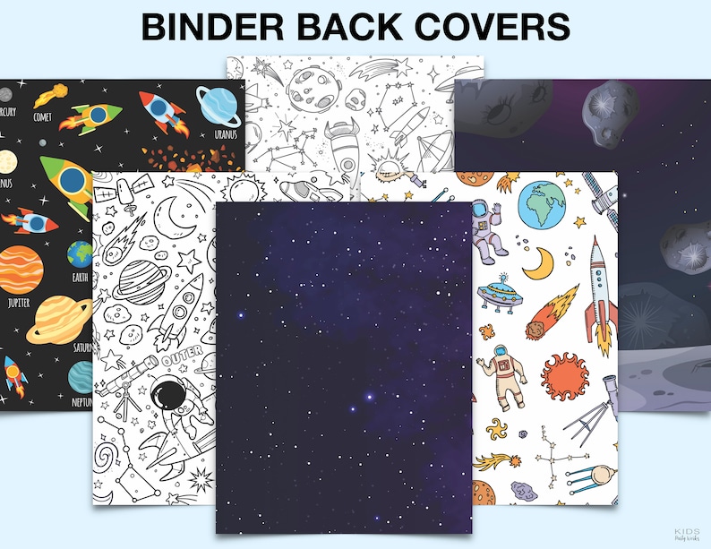 May include: Binder back covers with space-themed designs. The covers feature planets, rockets, astronauts, and constellations in various colors and styles, including black, white, and a starry night sky.