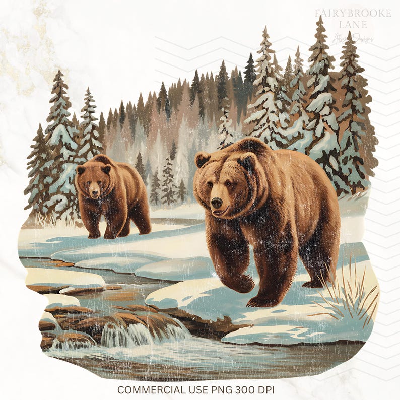 May include: Two brown bears walk through a snowy forest scene. The bears are walking on a path that leads to a small stream. The stream is frozen over and there is snow on the ground. The trees are covered in snow and there is a blue sky in the background.