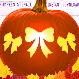 May include: A carved orange pumpkin with three bow-shaped cutouts. The pumpkin is surrounded by colorful autumn leaves. Text at the top reads "PUMPKIN STENCIL" and "INSTANT DOWNLOAD".