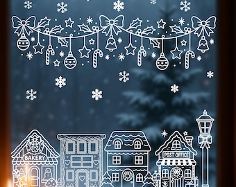 Christmas Village Window Art Template JPG, 28 Christmas Window Chalk Marker Designs, Houses & Garland Winter Decor, Holiday Instant Download