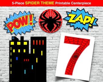 Spider Birthday NUMBER 7 Centerpiece, Superhero Birthday, Spider Clipart, Spider Party Supplies, Spider Party, Superhero Instant Download