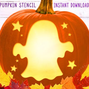 May include: An orange pumpkin stencil with a ghost cutout and star accents. The words "PUMPKIN STENCIL" and "INSTANT DOWNLOAD" are displayed at the top. Autumn leaves are at the bottom.