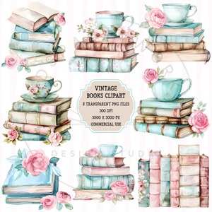 May include: A set of eight vintage book illustrations with teacups and roses. The books are stacked and have a watercolor style with blue, pink, and brown tones. The teacups are blue and white with floral designs. The roses are pink and white.