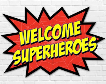 Welcome Superheroes Sign | Spider Birthday Sign  | Superhero Birthday Party | Spiderweb Welcome Sign | Comic Bubble | Instant Download