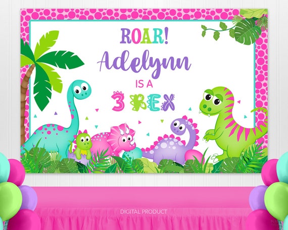 Dinosaur Backdrop, Dinosaur Birthday, Dinosaur Party, Girl Dinosaur Birthday, Dinosaur Banner, 3 Rex Dino, Kids, Custom Digital Backdrop Il_570xn