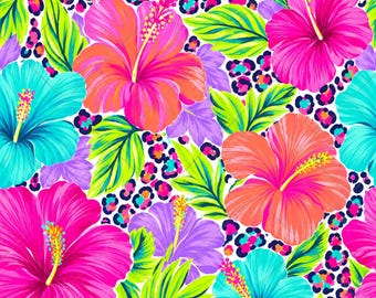 Summer Seamless Pattern JPG, Floral Fabric Design Digital Paper Tropical Hibiscus Preppy Beach Flowers Pattern For Scrapbooking Junk Journal