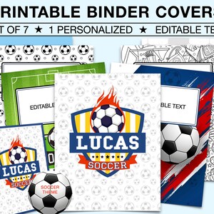 May include: Printable binder covers with a football theme. The covers feature a football, a football pitch, and the text "Lucas Soccer".