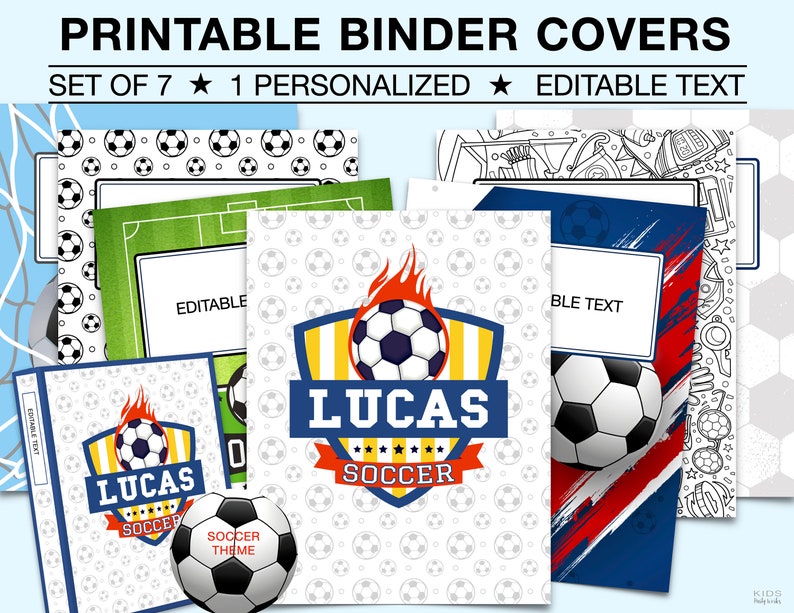 May include: Printable binder covers with a football theme. The covers feature a football, a football pitch, and the text "Lucas Soccer".