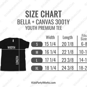 May include: Size chart for Bella + Canvas 3001Y youth premium tee shirts. The chart shows width and length measurements in inches for sizes S, M, L, and XL, along with the corresponding age range for each size.