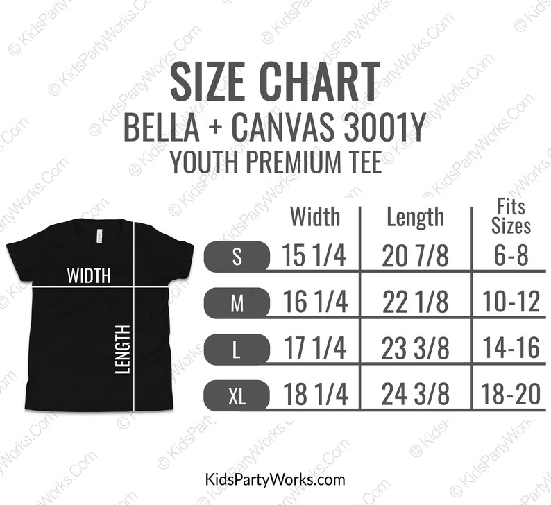 May include: Size chart for Bella + Canvas 3001Y youth premium tee shirts. The chart shows width and length measurements in inches for sizes S, M, L, and XL, along with the corresponding age range for each size.