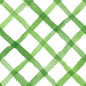 May include: A watercolour illustration of a green plaid pattern on a white background. The design features intersecting diagonal lines in varying shades of green, creating a grid-like effect. The brushstrokes have a textured, hand-painted appearance.