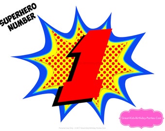 SUPERHERO NUMBER 1 - Superhero Printables - Number 1 - Superhero Centerpiece - Superhero Birthday - Superhero Party - Superhero Decorations