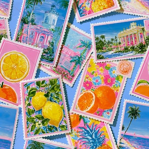 May include: A collection of colorful postage stamps with various illustrations. Stamps feature images of citrus fruits, tropical scenes with palm trees, and buildings. The stamps are set against a light blue background.