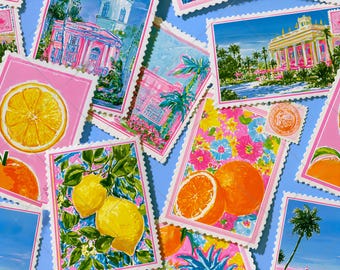 Florida Postcard Seamless Pattern JPG, Vintage Stamp Collage, Tropical Citrus Palm Beach Coastal Watercolor Fabric Design Digital Download