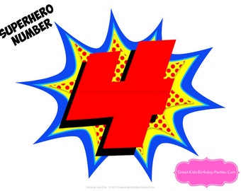 SUPERHERO NUMBER 4 - Superhero Printables - Number 4 - Superhero Centerpiece - Superhero Birthday - Superhero Party - Superhero Decorations