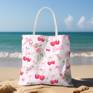 Coquette Tote Bag, Coquette Pink Bows, Cherry Tote Bag, Tote Bag Aesthetic, Totebag, Coquette Aesthetic, Gift For Her, Girly Bag, Floral Bag