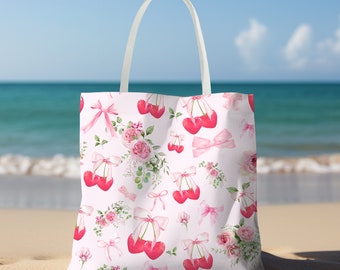Torba typu Tote Coquette, Różowe kokardy Coquette, Torba typu Tote Cherry, Estetyczna torba typu Tote, Torba typu Tote, Estetyczna torba typu Tote, Prezent dla niej, Dziewczęca torba, Torba w kwiaty