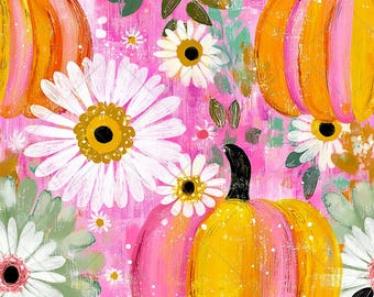 Pumpkin Seamless Pattern JPG, Colorful Pumpkin Pattern, Halloween Print Repeat Design, Girly Fall Daisy Watercolor Digital Paper Download