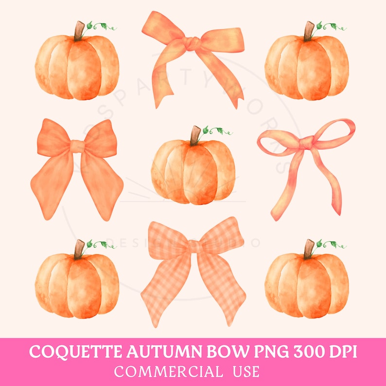 orange coquette bows and pumpkins png. Instant download, commercial use