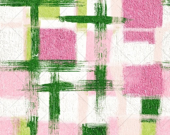Pink Green Plaid Seamless Pattern JPG, Trendy Brushstroke Checkered Pattern, Preppy Coquette Watercolor Grid Fabric Design Digital Download