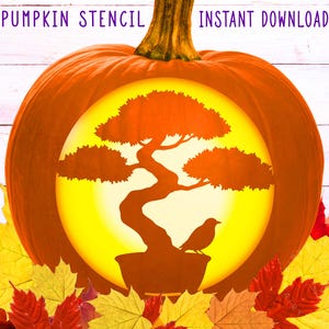 May include: An orange pumpkin stencil with a bonsai tree design and a bird silhouette. The words "PUMPKIN STENCIL" and "INSTANT DOWNLOAD" are displayed in purple text. Autumn leaves surround the pumpkin.