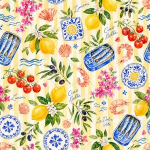 May include: Watercolor pattern featuring lemons, sardines, shrimp, olives, tomatoes, and floral elements. The design includes blue and white plates, seashells, and the phrases "Ciao Bella", "Limoni", and "La Dolce Vita" on a yellow striped background.