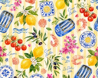 Mediterranean Seamless Pattern JPG, Trendy Italian Summer Lemon Sardine Tomato Fabric Pattern, Watercolor Coastal Digital Download