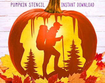 May include: Orange pumpkin stencil with a hiker silhouette, trees, and the words "PUMPKIN STENCIL" and "INSTANT DOWNLOAD". The pumpkin is surrounded by fall leaves in shades of red, yellow, and orange. A great fall or Halloween craft.