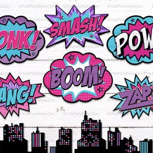 Könnte beinhalten: Sechs bunte Sprechblasen im Comic-Stil mit verschiedenen Wörtern auf jeder. Die Wörter sind "ZONK!" "SMASH!" "POW!" "BOOM!" "BANG!" und "ZAP!" Der Hintergrund ist eine weiße Holzplatte.
