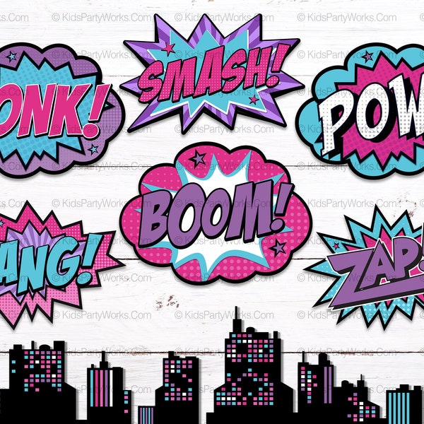 Superhero Comic Bubbles, Superhero Girl, Supergirl Birthday, Superhero Pink Party Decorations, Printable Words, Party Signs, Digital File