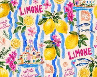 Italian Summer Seamless Pattern JPG, Mediterranean Lemon Pattern, Amalfi Coast Sardine Floral Fabric Pattern Digital Download