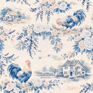 May include: A seamless pattern featuring a French country design. The pattern includes illustrations of roosters, houses, windmills, and floral arrangements in shades of blue, white, and pink on a cream background.