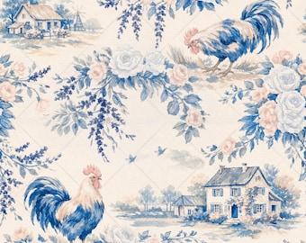 French Country Toile Seamless Pattern JPG, Blue Blush Cottagecore Rooster Floral Fabric Design Vintage Farmhouse Watercolor Digital Download