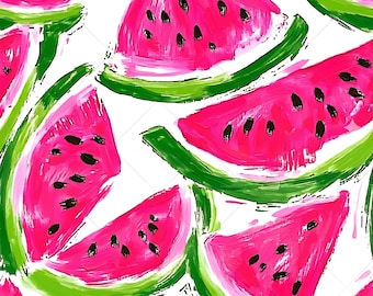 Watermelon Seamless Pattern JPG, Summer Fruit Fabric Design, Brushstroke Watercolor Slices, Pink Green Picnic Pattern Digital Download