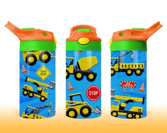Construction 12oz Kids Flip Top Sippy Cup Tumbler Wrap, 12oz Straight Tumbler Sublimation PNG, Childrens Tumbler Wrap Design PNG, Excavator