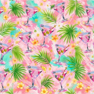May include: A vibrant pattern featuring martini glasses with olives, lemon slices, and mint sprigs. The glasses are set against a backdrop of pink, teal, and yellow watercolor washes, with green palm fronds and yellow flowers scattered throughout.