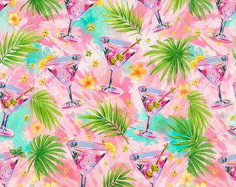 Tropical Martini Seamless Pattern JPG, Pink Cocktail Fabric Pattern, Summer Beach Drinks Palm Leaves Floral Watercolor Jungle Repeat Digital