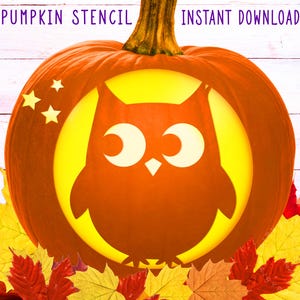 May include: An orange pumpkin stencil featuring an owl design, lit from the inside. The pumpkin is set against a backdrop of autumnal leaves in red, yellow, and brown. Text at the top reads "PUMPKIN STENCIL INSTANT DOWNLOAD".