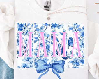 Coquette Mama PNG, Pinselstrich Chinoiserie Coquette Bogen Png Blau Toile De Jouy Mama Rosa Bogen, Muttertagsgeschenk für Mama Png Sofort-Download