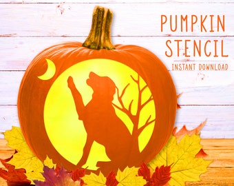 Dog Pumpkin Stencil, Labrador Retriever Printable, Jack O' Lantern, Pumpkin Carving Template, Halloween, Dog and Moon, Instant Download
