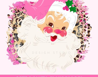 Pink Santa PNG, Pink Christmas Png, Retro Santa Leopard Print, Pink Santa Claus Png, Christmas Png, Holiday Png Christmas Sublimation Design