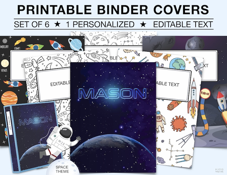 May include: Printable binder covers with a space theme. The set includes six covers, one personalized with the name "MASON" in a glowing blue font against a starry background. Other covers feature rockets, planets, and editable text.