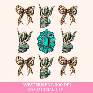 May include: Set of six digital illustrations featuring a turquoise and gold jeweled skeleton hand in a shaka sign, a turquoise and gold jeweled brooch, and a leopard print bow.