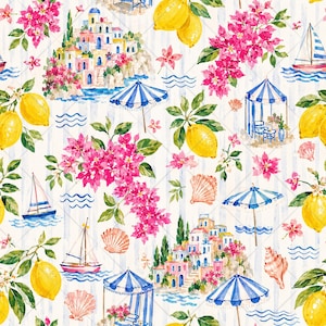 Preppy trendy Italian summer seamless pattern of bougainvillea flowers, lemons, seashells, sailboat, waves, and European buildings on a faint light blue and white background JPEG file. Digital download.