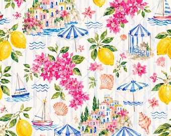 Italian Summer Seamless Pattern JPG, Preppy Coastal Amalfi Lemon Bougainvillea Beach Trendy Fabric Pattern, Watercolor Digital Download