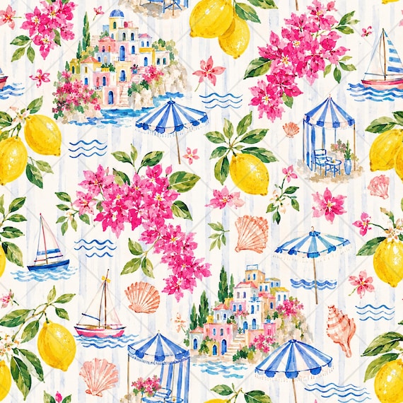 Italian Summer Seamless Pattern JPG, Preppy Coastal Amalfi Lemon Bougainvillea Beach Trendy Fabric Pattern, Watercolor Digital Download
